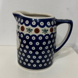 Boleslawiec Blue and White Ceramic Pitcher with Polka Motif